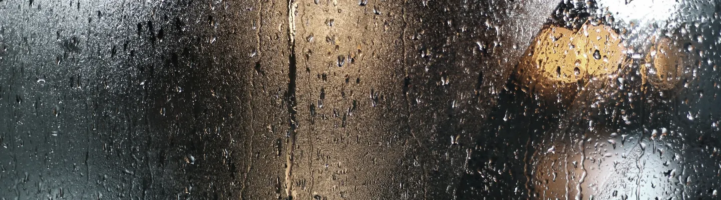 a wet window with a traffic light on it