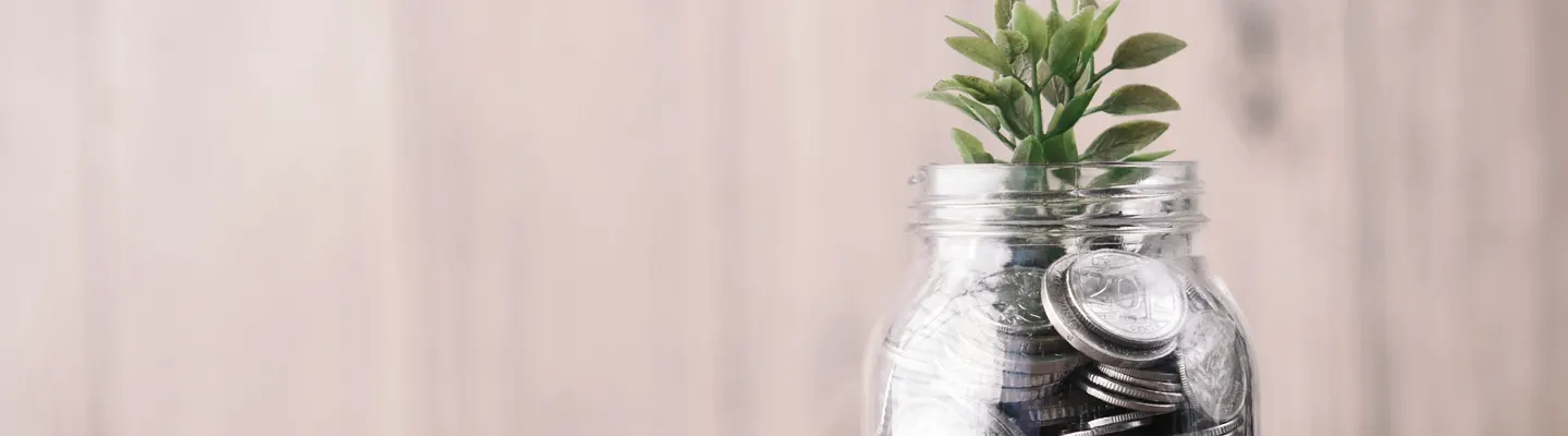 a glass jar filled with coins and a plant